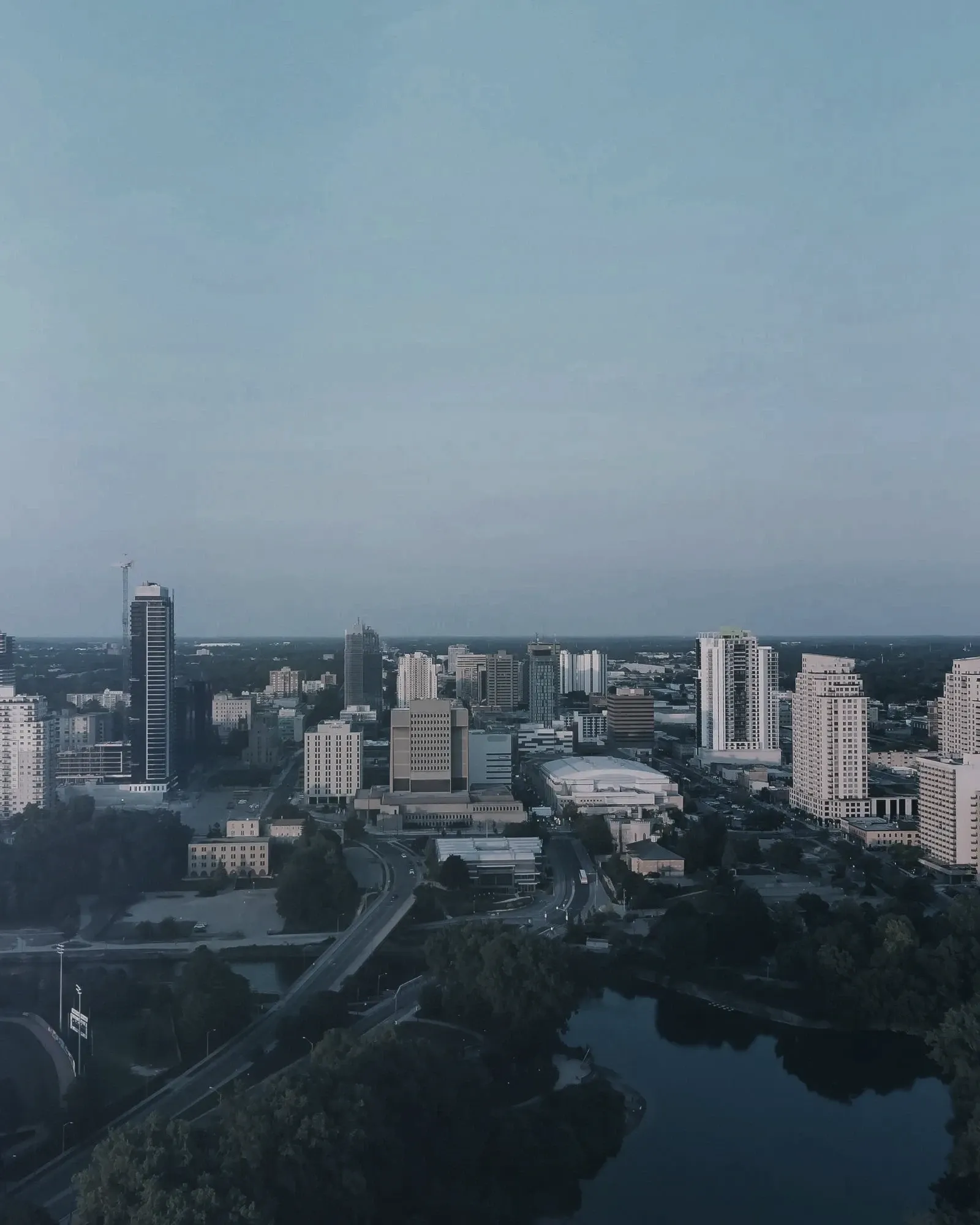 Downtown London, Ontario from above, with the Thames at the Forks