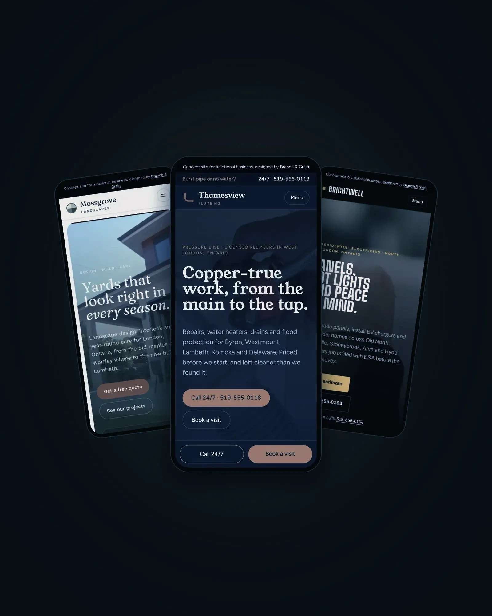 Three sample homepages for London businesses shown on phones